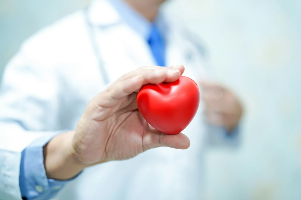 Doctor holding red heart, healthy strong medical concept.